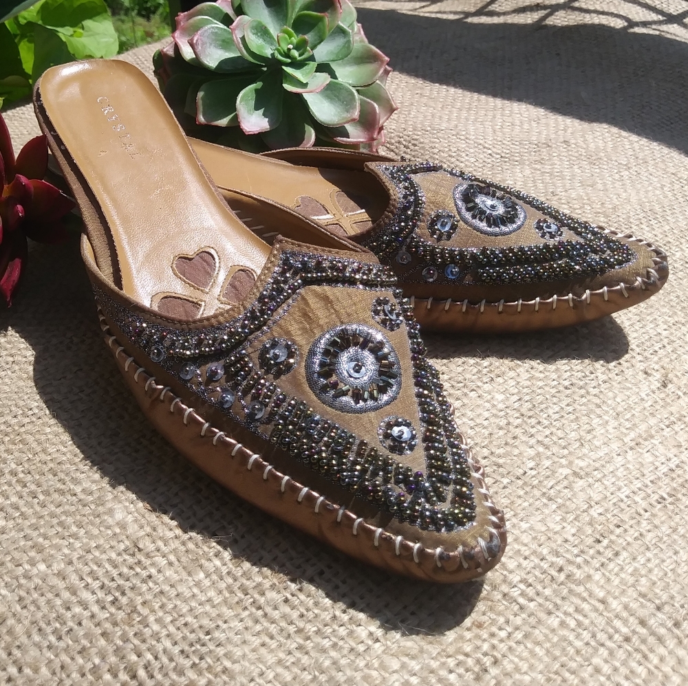 Crystal taupe beaded slip on sandals